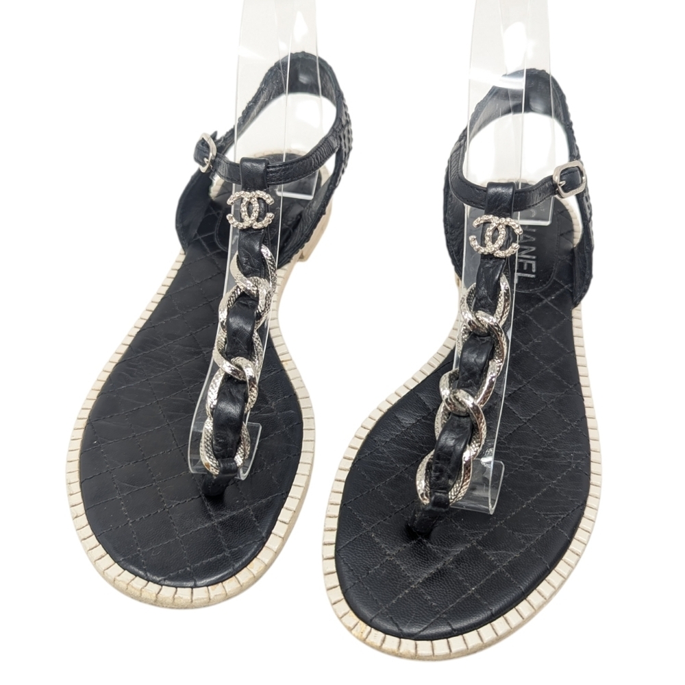 Chanel T-Strap Interlocking CC Silver Chain Black Quilted Footbed Sandals EU 38